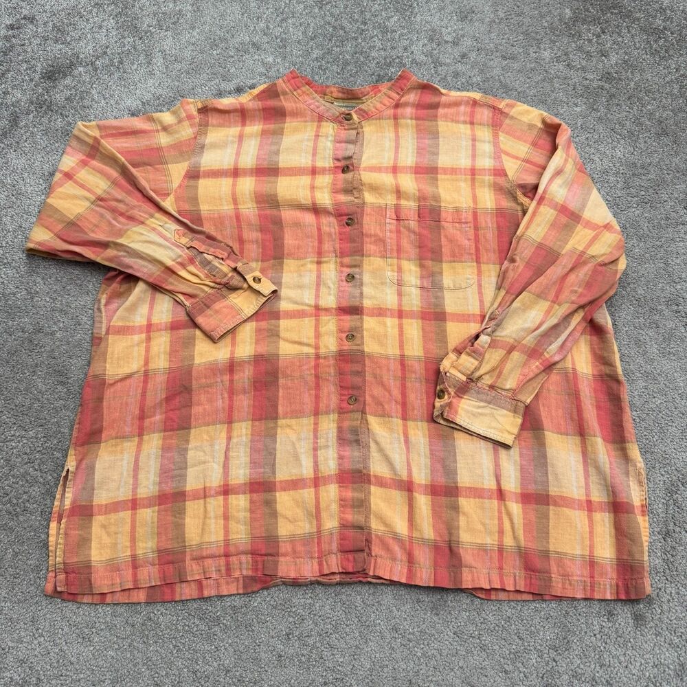 Coldwater Creek Plaid Linen Blend Mandarin Collar Shirt Womens 3X Pink Orange